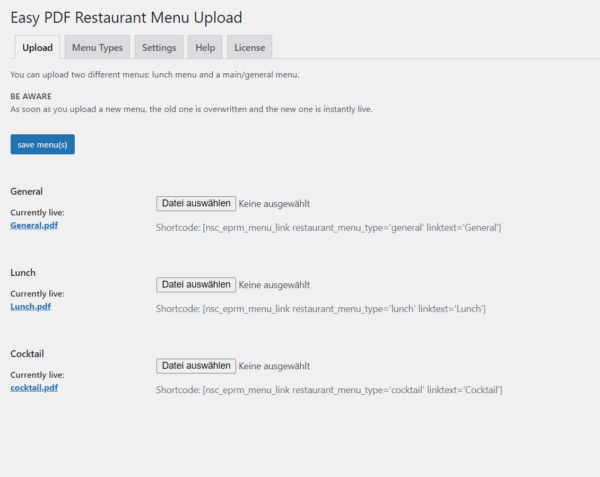 Upload page of Easy restaurant menu upload wordpress plugin