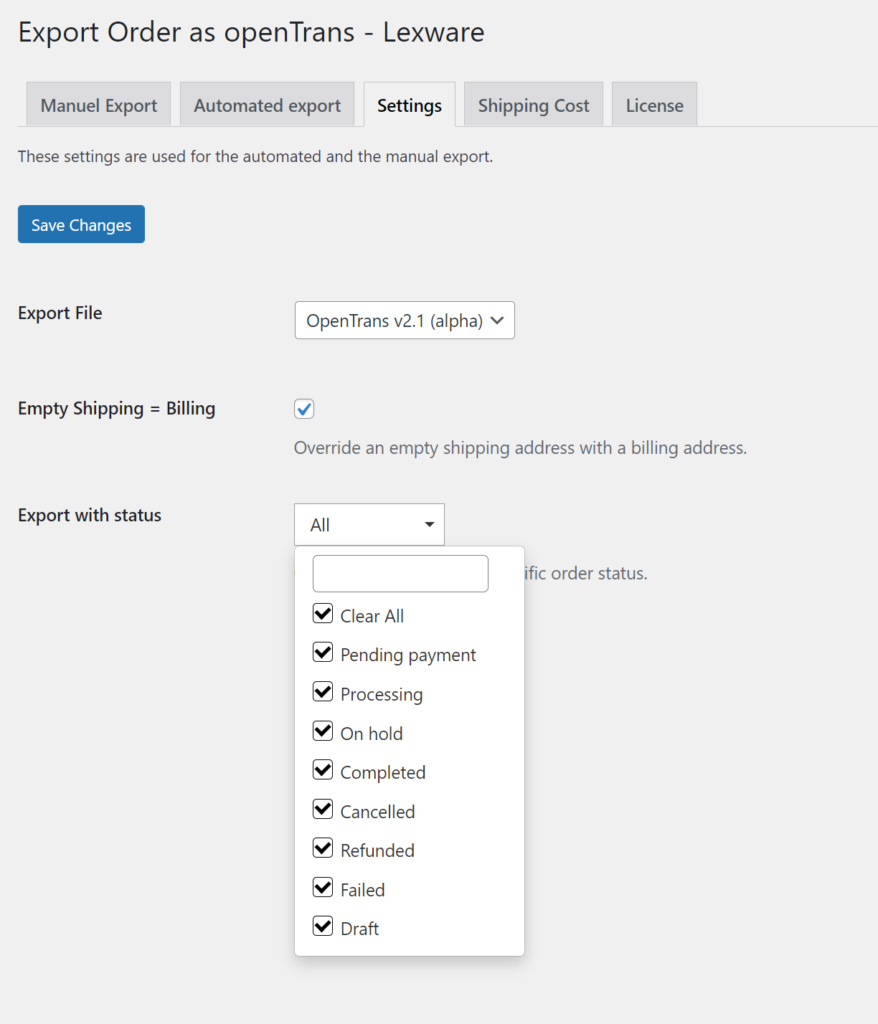 Settings page wirh order filter of woocommerce order export plugin for open trans files.