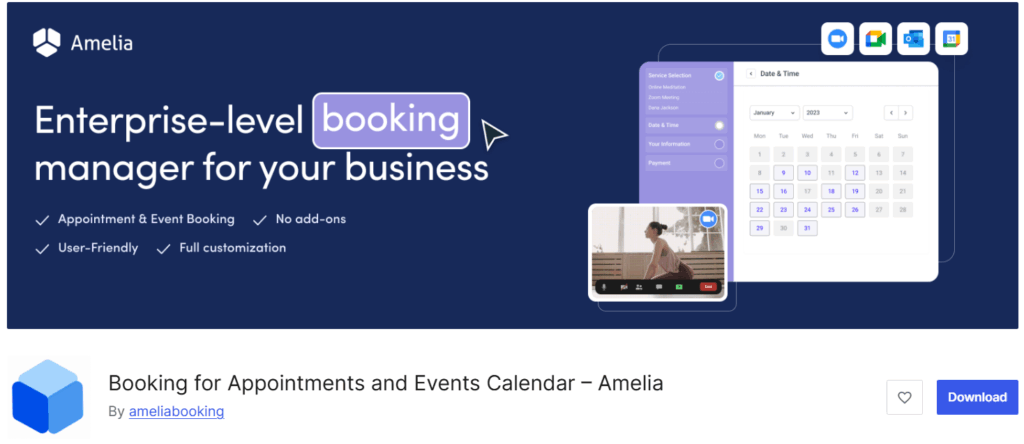 Shows a screenshot of Amelia Hero Section of WordPress Repository.