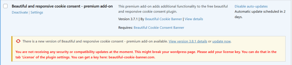 Image showing the update message of a custom plugin in WordPress